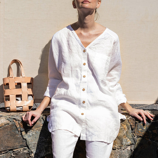 Blusa Casual de Lino y Algodón Cuello en V Manga Larga Colores Sólidos - Image 4