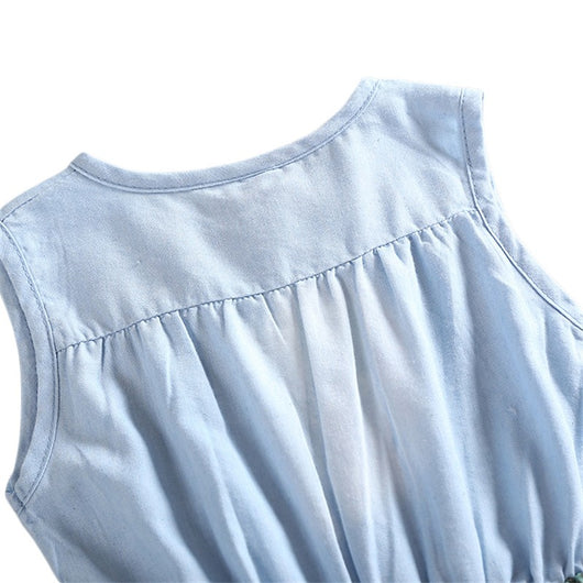 Vestido Infantil sin Mangas de Denim con Estampado Floral - Image 6