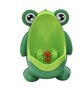 Green and orange frog-shaped children's urinal with large eyes and a spinning target for potty training. - Image 8