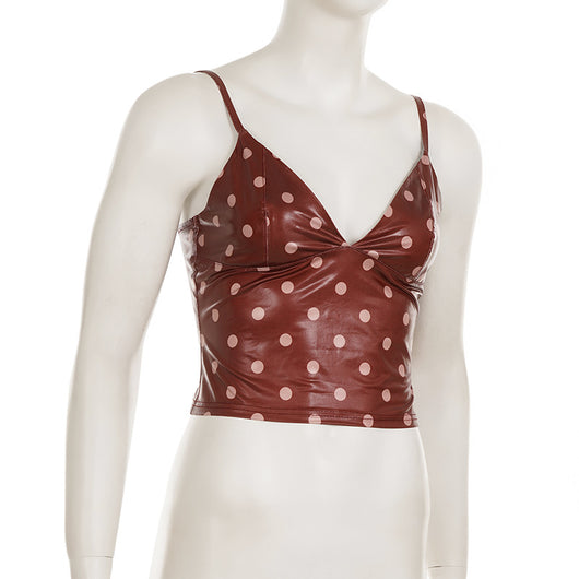 Camiseta de Cuero con Lunares y Escote en V para Mujer, Ajuste Ceñido - Image 13