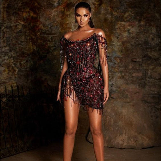 Vestido Mini Ajustado con Incrustaciones de Diamantes para Verano