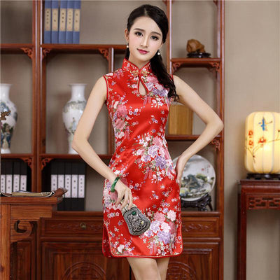 Vestido Cheongsam Estampado Manga Corta Ajustado para Escenario - Image 4