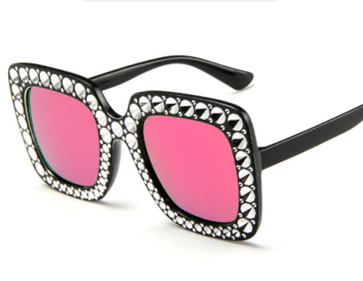 Oversized square sunglasses with clear peach frames, brown lenses, and clear faceted rhinestones around the edges. - Image 7