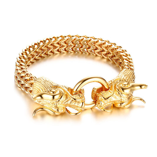 Pulsera de Acero Titanio con Cabeza de Dragón Dorado para Hombre