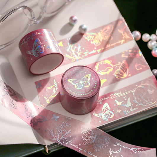 Retro laser washi tape with holographic postal stamps, airmail markings, and travel-themed text on a brown background. - Image 2