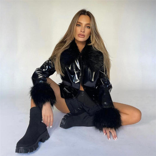 Chaqueta de Cuero Slim con Cuello de Piel - Abrigo Cálido de Botón Único para Mujer - Image 14