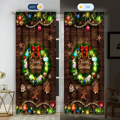 Christmas curtain with a snowy village scene, Santa Claus, flying reindeer, and piles of wrapped gifts. - Image 34