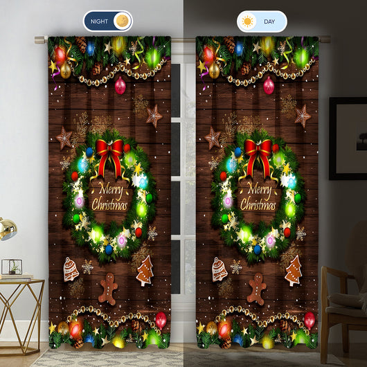 Christmas curtain with a snowy village scene, Santa Claus, flying reindeer, and piles of wrapped gifts. - Image 34