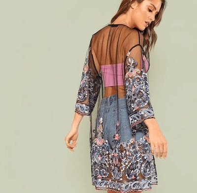 Cardigan Largo de Encaje Floral 3D con Efecto Perspectiva - Protector Solar