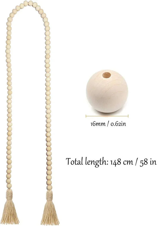 Guirnalda rústica de cuentas de madera Farmhouse Beads – 147 cm con borlas, decoración boho country para pared y espacios de oración - Tekeno