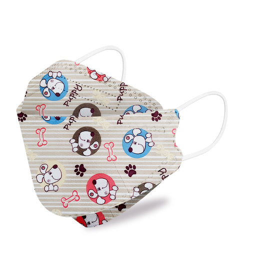 White children's KN95 mask with a cute cartoon pattern of blue bunnies, pink bears, trees, and flowers. - Image 26