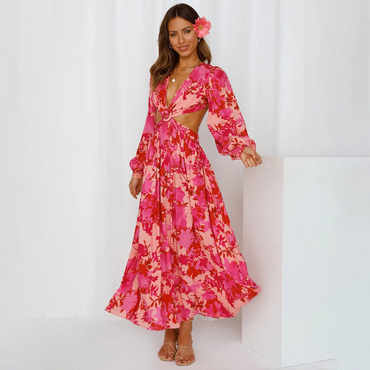 Vestido Retro Europeo Hueco con Estampado Irregular - Image 7