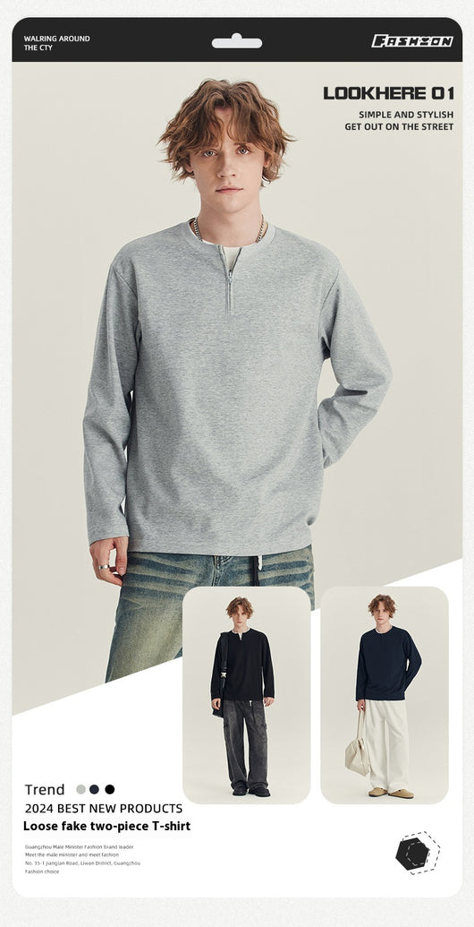 Playera Manga Media con Cierre para Hombre - Cuello Redondo Oversize Otoño - Image 14