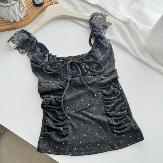 Blusa Crop Ajustada con Volantes, Encaje y Lunares - Manga Casquete - Image 27