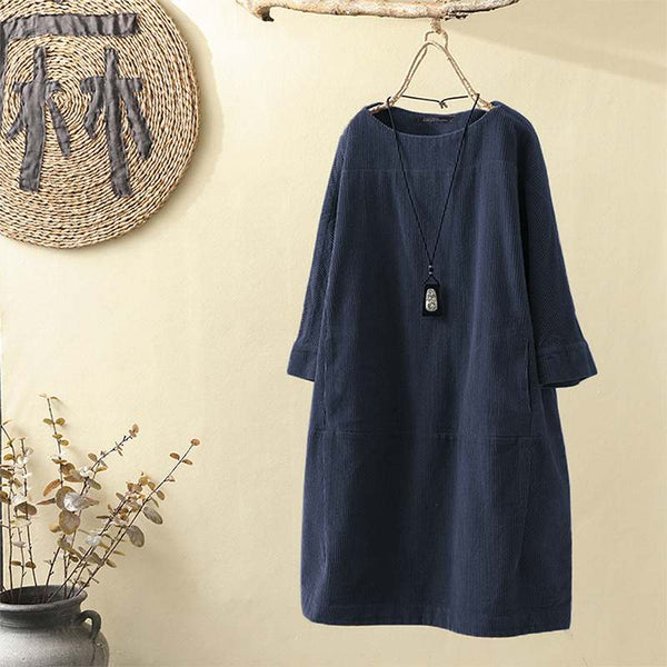Vestido Cómodo Coreano de Color Sólido con Mangas Tres Cuartos