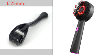 Black electric massage comb with red light therapy, black bristles, and a purple power button on a white background. - Image 8