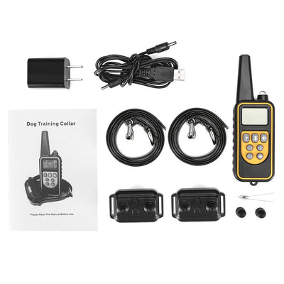 Three electric dog training collars in black, orange, and yellow with receivers, alongside a black and yellow remote control. - Image 14