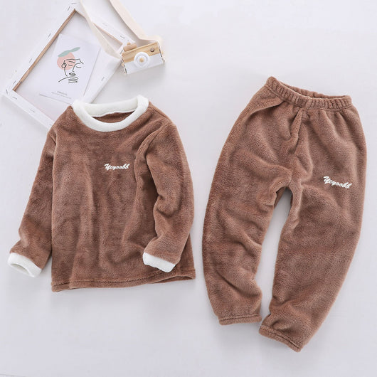 Reddish-brown coral velvet children's loungewear set with a long-sleeved top and matching pants, featuring white trim. - Image 6