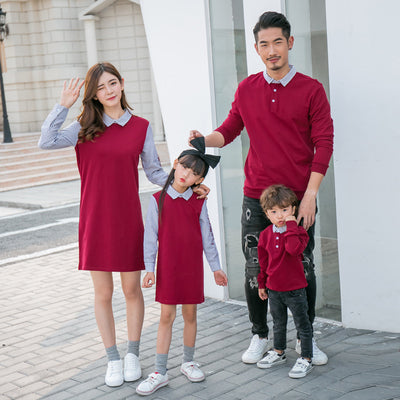 Family of four in matching maroon and striped outfits, including father, mother, son, and daughter. - Image 2