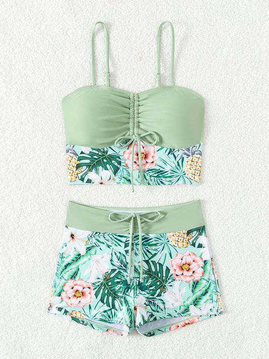 Women's light green two-piece bikini swimsuit with tropical floral and pineapple print, featuring drawstring top and shorts. - Image 9
