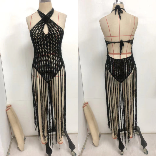 Black crochet beach cover-up with a cross-collar halter neckline and long fringe tassels, worn over a bikini. - Image 10