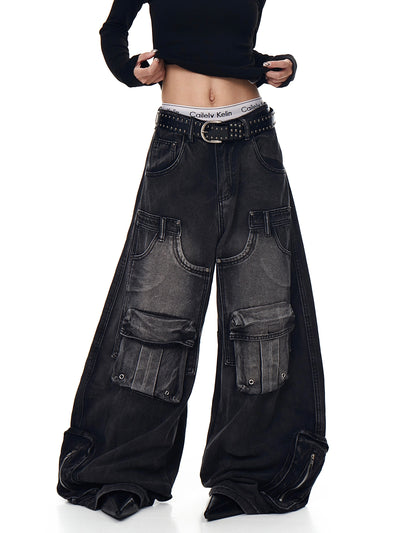 Pantalones Cargo Vintage Desgastados Multi-bolsillos Pierna Ancha Suelta - Image 15