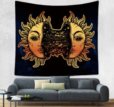 Bohemian sun and moon tapestry with a celestial pattern of golden suns and crescent moons on a dark blue background. - Image 34