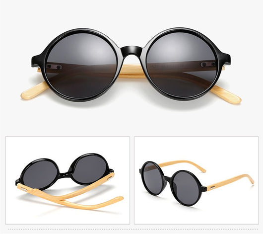 Round black frame sunglasses with gray lenses and light wood bamboo temples, shown from multiple angles. - Image 15