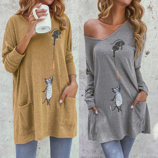 Blusa Suelta con Estampado de Gatos - Largo Medio Casual
