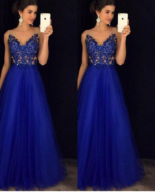 Vestido Largo Elegante Espalda Descubierta con Cuentas Azul Gasa