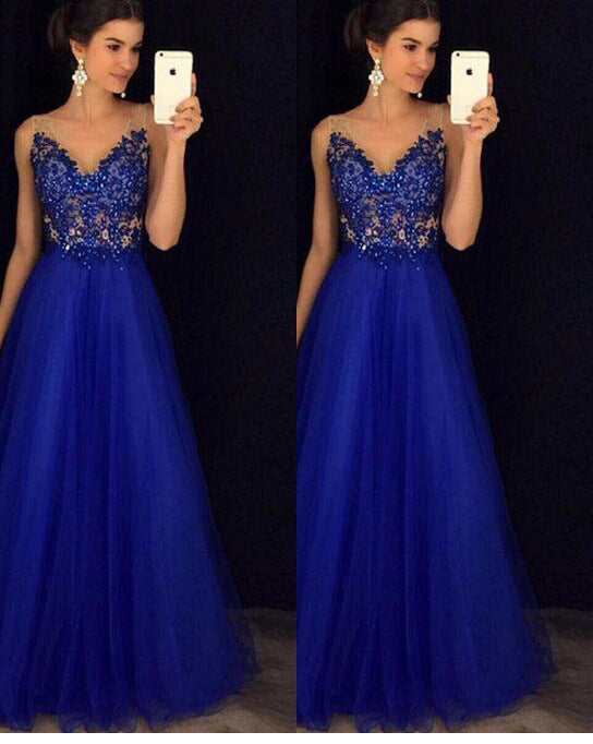 Vestido Largo Elegante Espalda Descubierta con Cuentas Azul Gasa