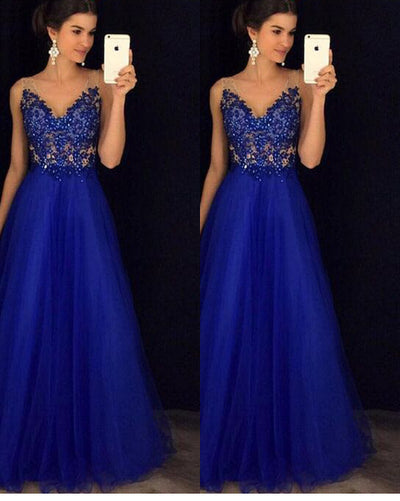 Vestido Largo Elegante Espalda Descubierta con Cuentas Azul Gasa
