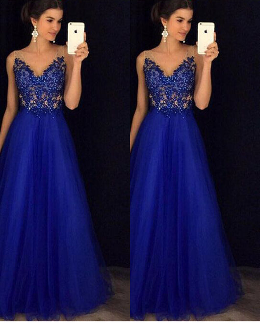 Vestido Largo Elegante Espalda Descubierta con Cuentas Azul Gasa