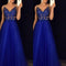 Vestido Largo Elegante Espalda Descubierta con Cuentas Azul Gasa
