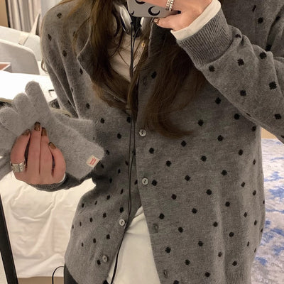 Cardigan Tejido Gris con Lunares Estilo Coreano - Manga Larga Otoño - Image 7
