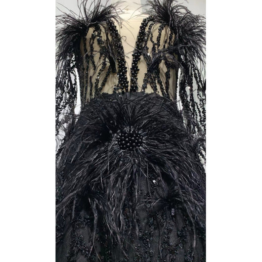 Vestido Casual de Malla con Lentejuelas y Plumas de Manga Larga - Image 8