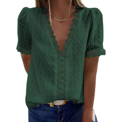 Blusa Escote V Manga Corta Jacquard Liso para Mujer - Colección Verano - Image 4