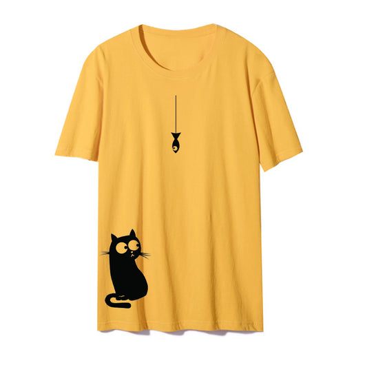 Camiseta Cuello Redondo con Gato Lateral - Diseño Europeo y Americano