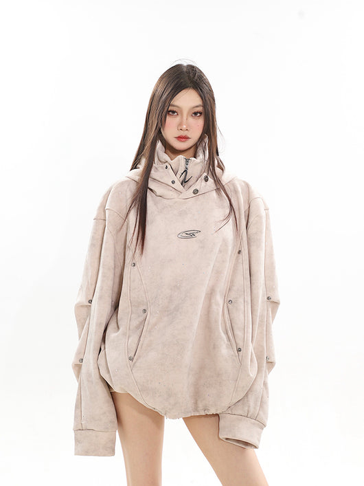 Sudadera Capucha Cuello Alto Doble Capa Plisada para Parejas - Image 5