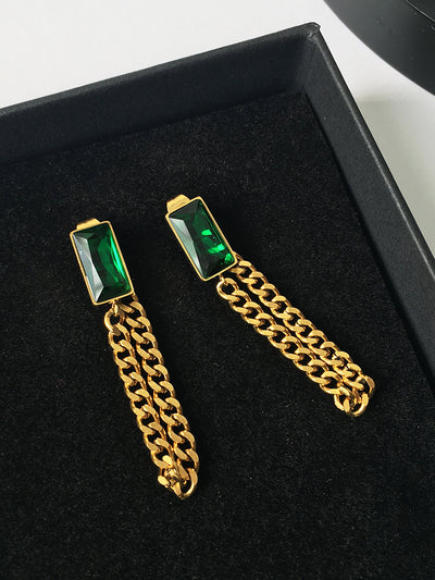 Aretes Largos de Cristal Verde Esmeralda con Borla Vintage Trendy - Image 12