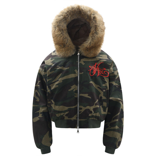 Abrigo Hoodie de Terciopelo con Bordado de Letras y Patrón Camuflaje - Image 2