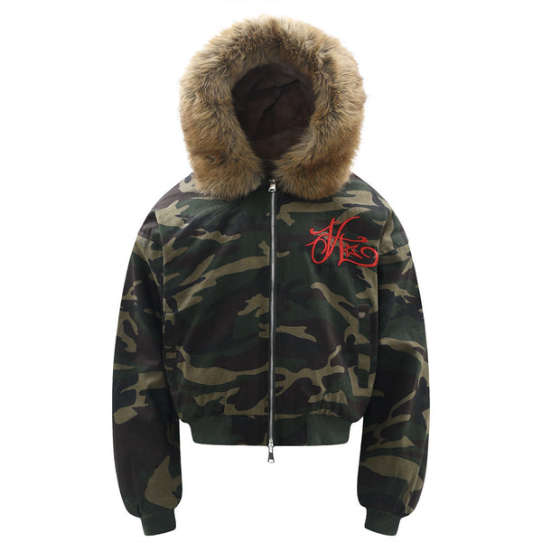 Abrigo Hoodie de Terciopelo con Bordado de Letras y Patrón Camuflaje