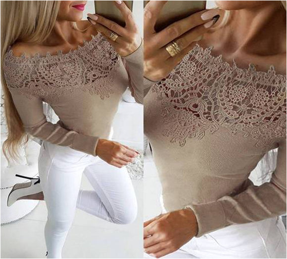 Camiseta Manga Larga Ajustada con Escote de Encaje