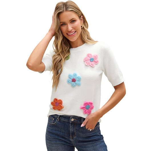 Blusa Tejida de Manga Corta con Flores 3D - Estilo Europeo Casual - Image 5