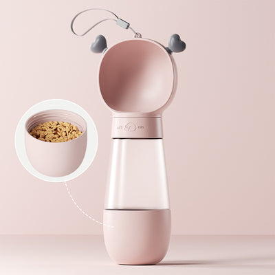 Yellow and clear portable pet water bottle with integrated drinking bowl and separate food container for walking dogs. - Image 20