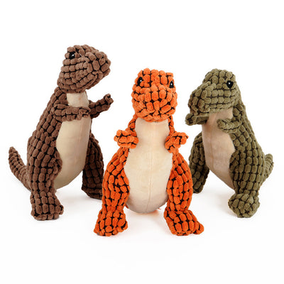 Brown textured corn velvet dinosaur plush toy with beige belly and black eyes, designed for dogs. - Image 5