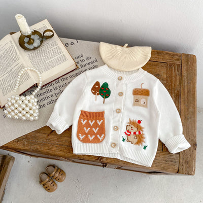 Cardigan Infantil de Algodón con Patrón de Dibujos Animados y Bordado