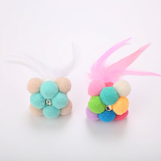 Two cat toys with white feathers and colorful pom-poms in light blue, peach, and white. - Image 3