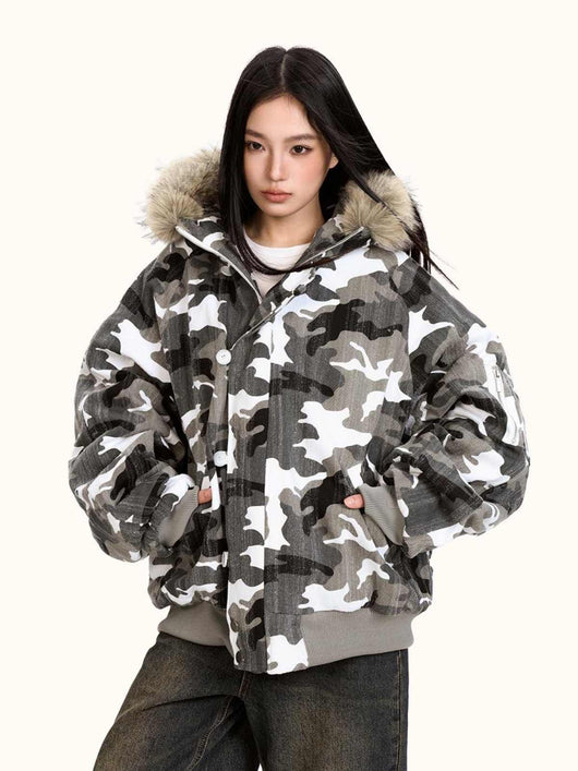 Chaqueta Acolchada de Algodón con Cuello de Pelaje y Diseño Camuflaje Retro - Image 5