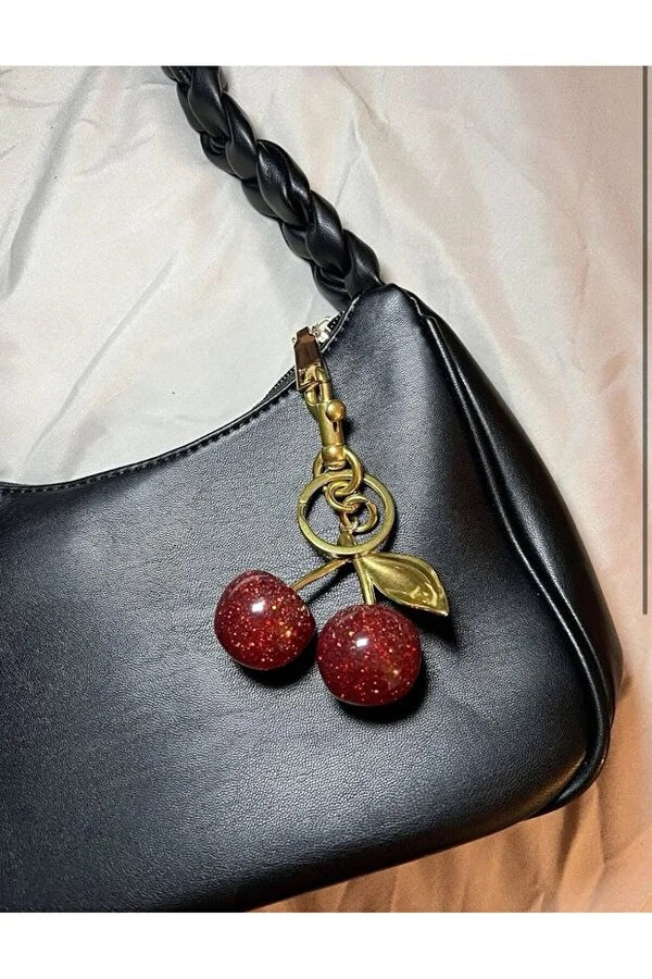 Cherry Red Charm Keychain with Gold Details